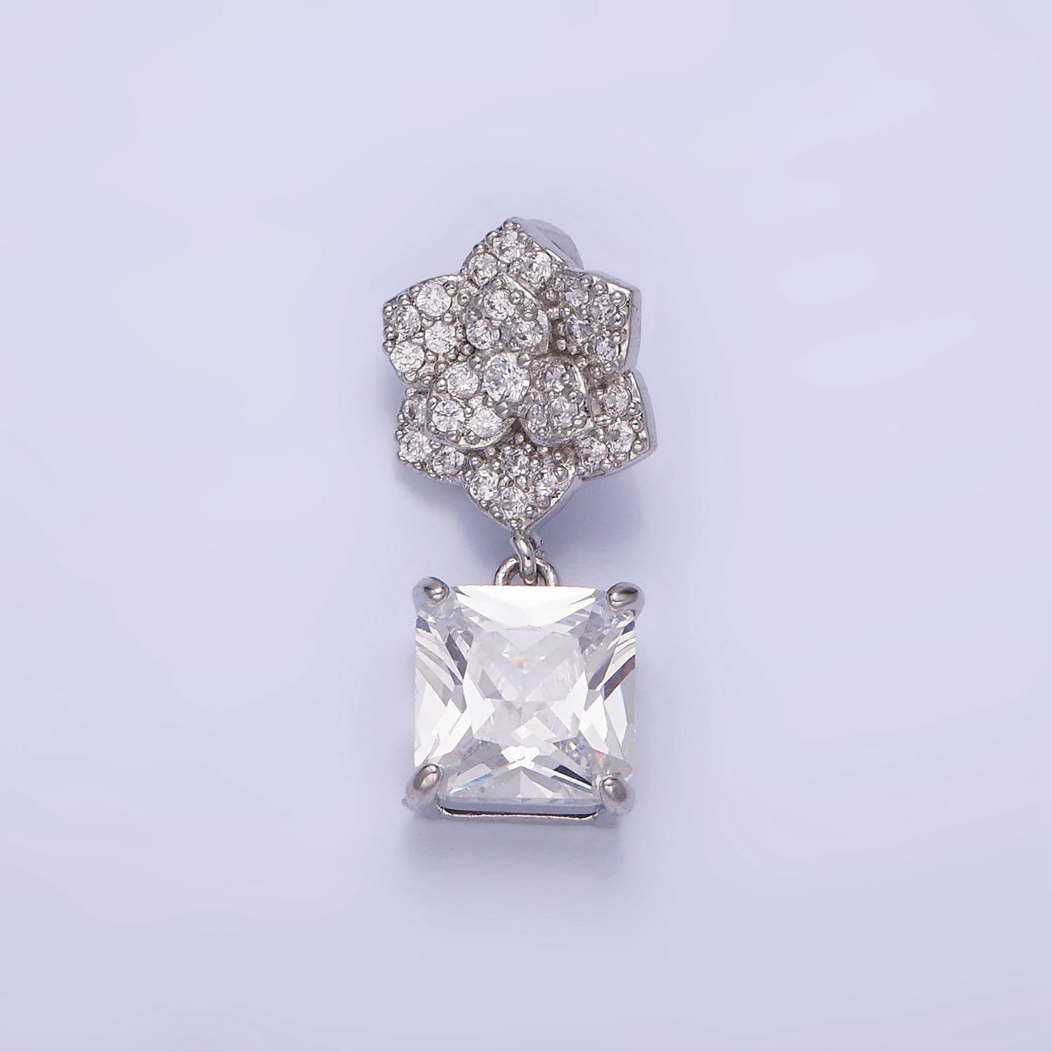 White gold filled square cz drop micro paved flower pendant | aa-1169