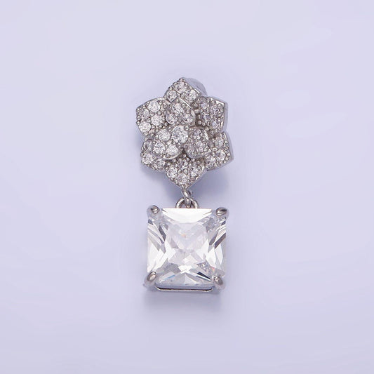 White gold filled square cz drop micro paved flower pendant | aa-1169