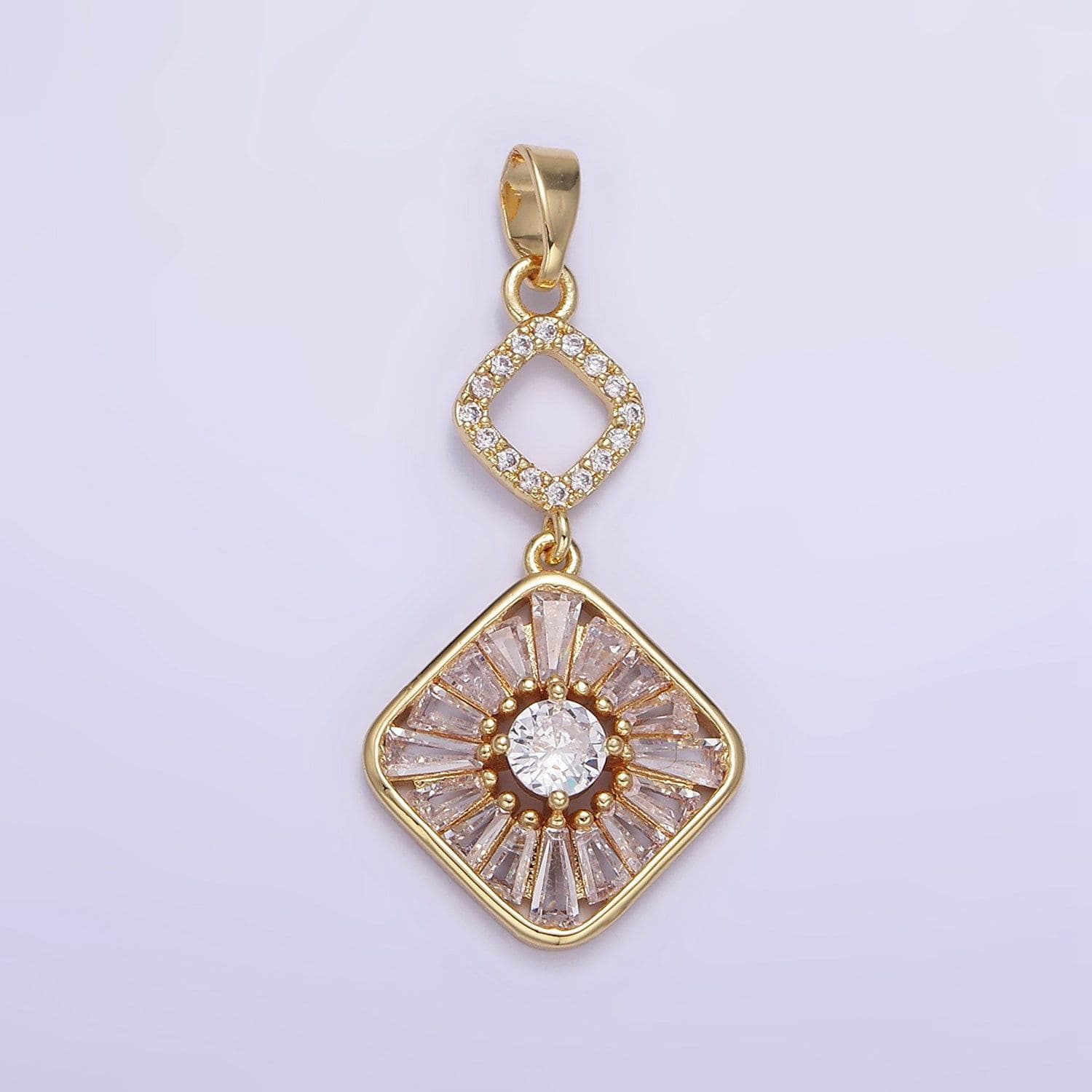 14k gold filled baguette open rhombus double drop pendant in gold & silver | aa-1160