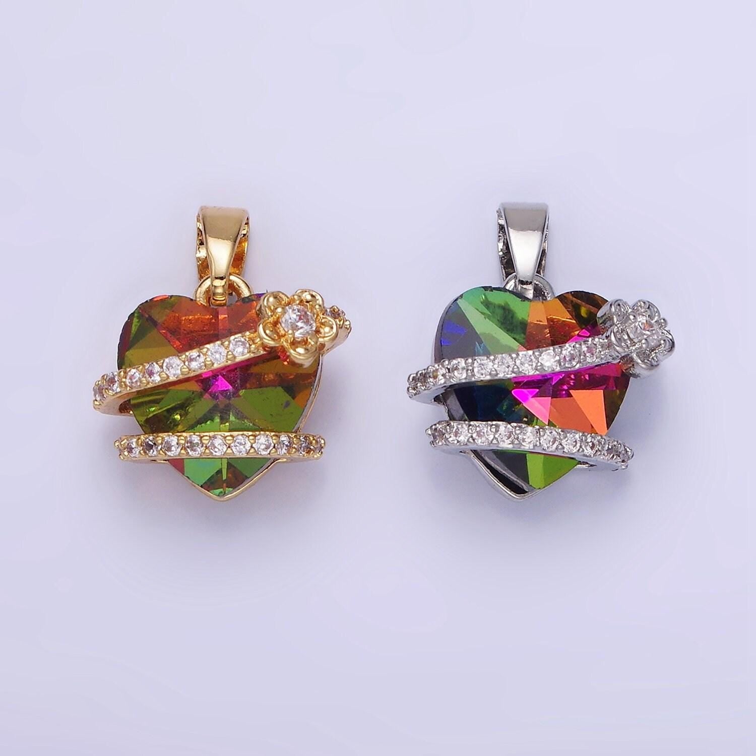 14k gold filled heart multicolor micro paved cz band flower pendant in gold & silver | aa-1159