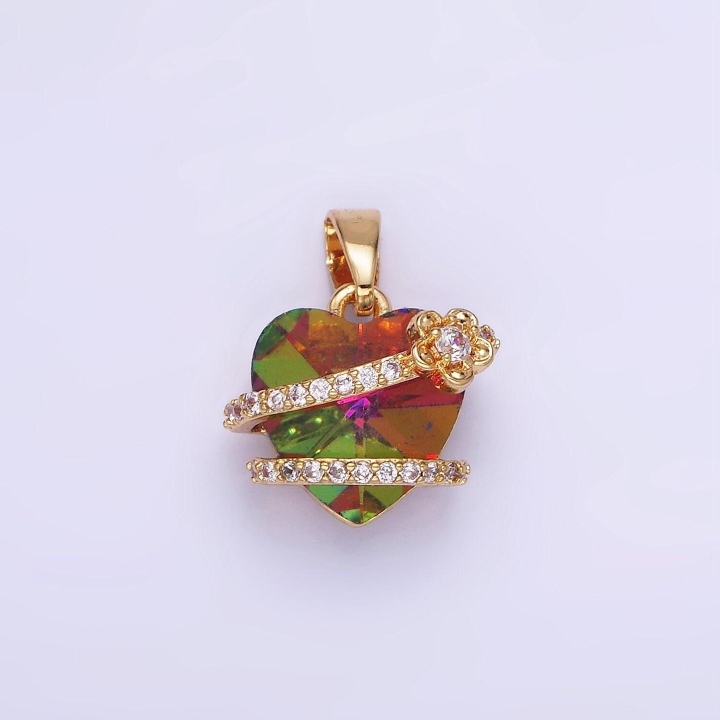 14k gold filled heart multicolor micro paved cz band flower pendant in gold & silver | aa-1159