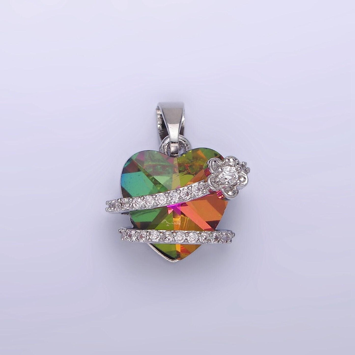 14k gold filled heart multicolor micro paved cz band flower pendant in gold & silver | aa-1159