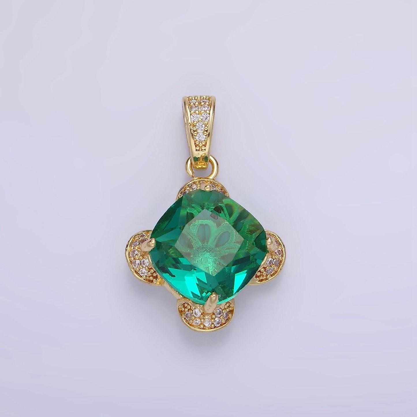 14k gold filled teal rhombus cz micro paved flower pendant in gold & silver | aa-1158