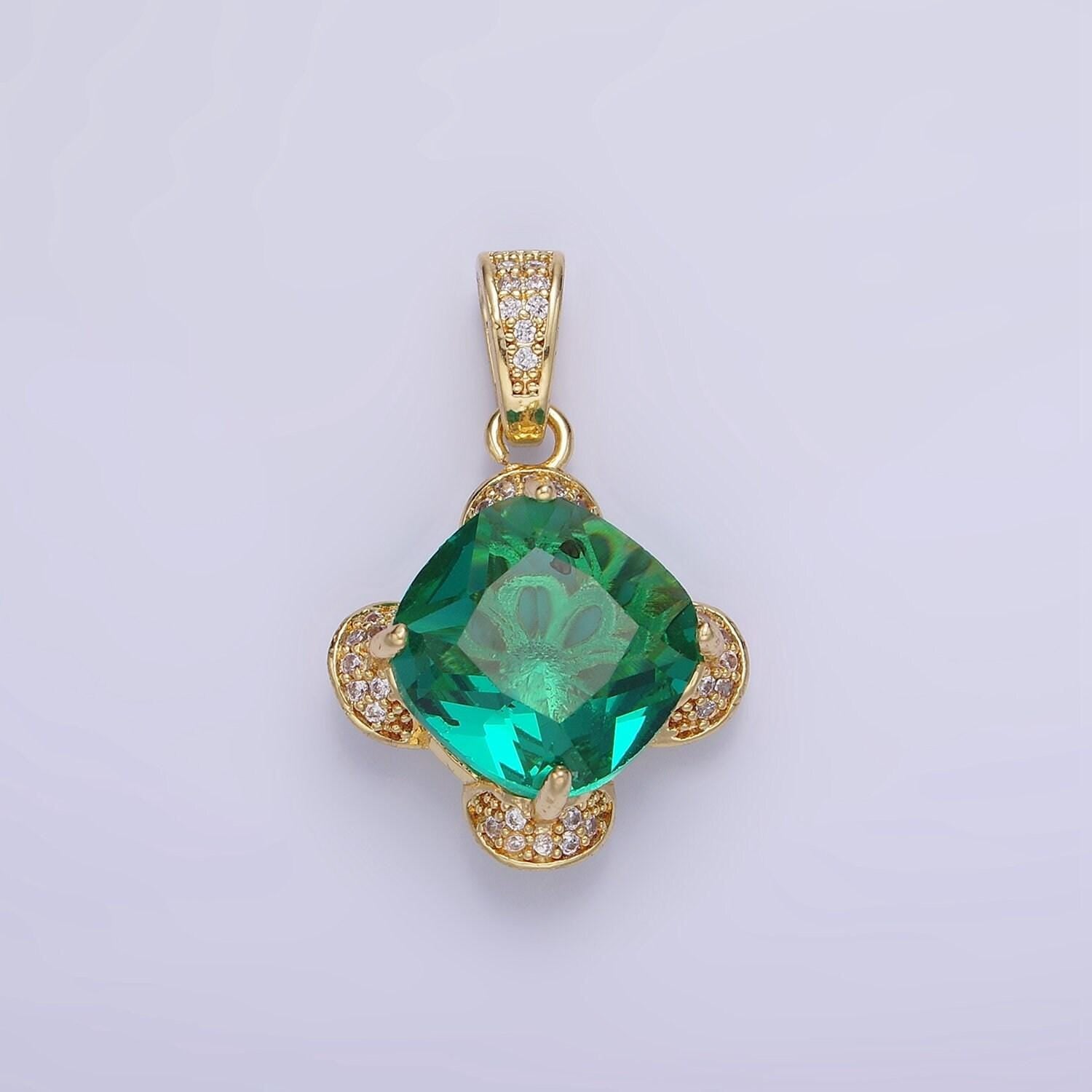 14k gold filled teal rhombus cz micro paved flower pendant in gold & silver | aa-1158