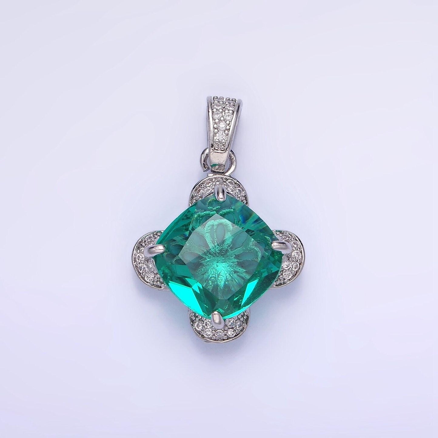 14k gold filled teal rhombus cz micro paved flower pendant in gold & silver | aa-1158