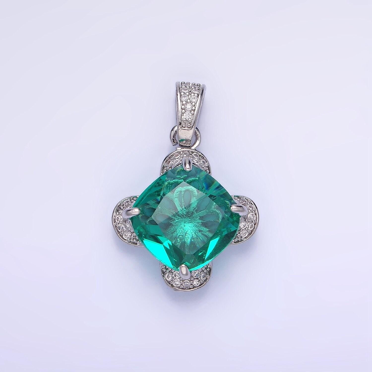 14k gold filled teal rhombus cz micro paved flower pendant in gold & silver | aa-1158