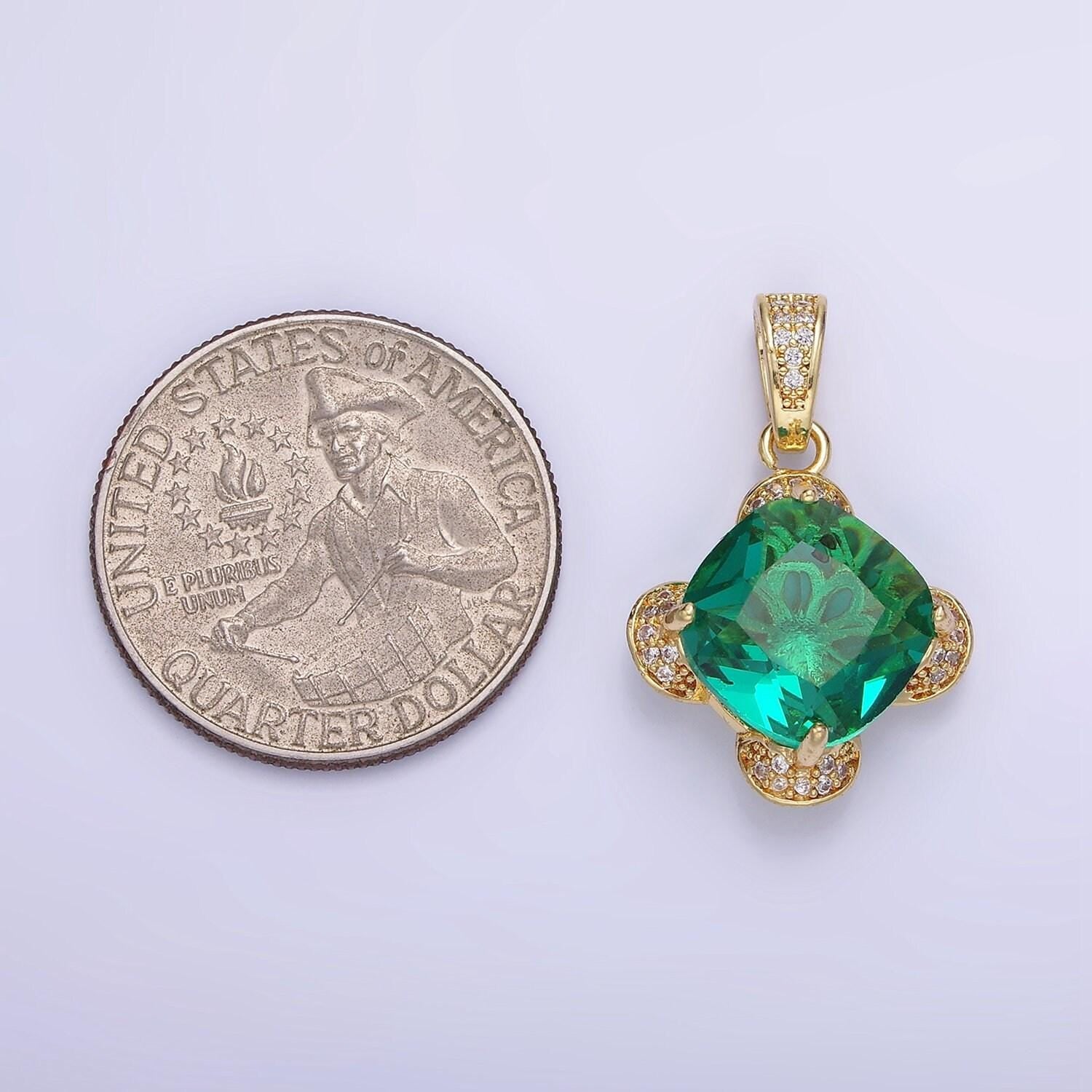 14k gold filled teal rhombus cz micro paved flower pendant in gold & silver | aa-1158