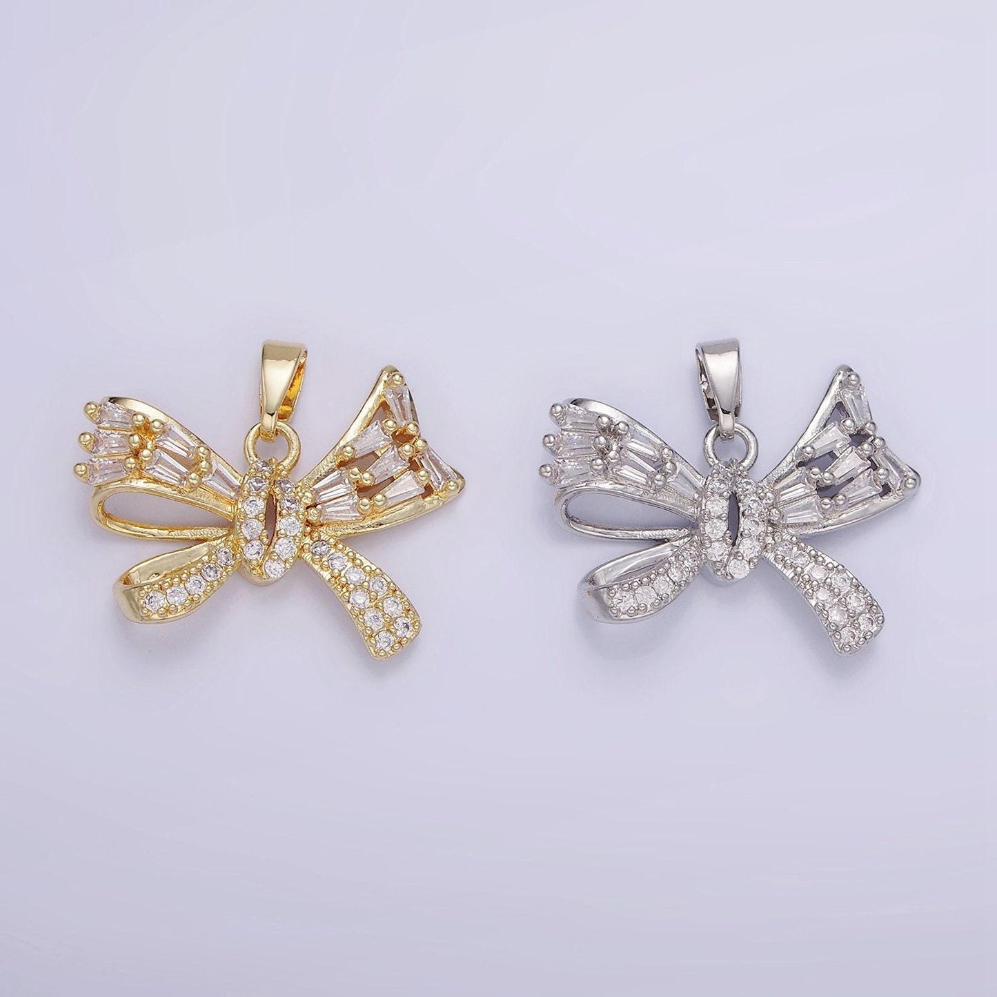 14k gold filled micro paved cz baguette ribbon bow pendant in gold & silver | aa-1156
