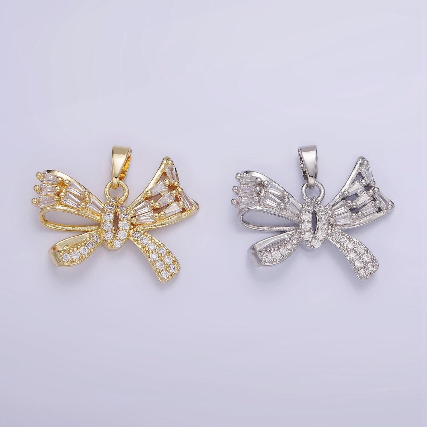 14k gold filled micro paved cz baguette ribbon bow pendant in gold & silver | aa-1156