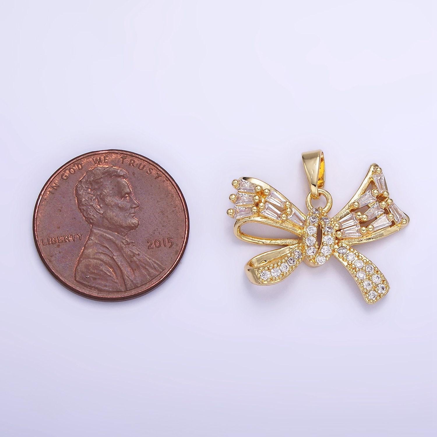 14k gold filled micro paved cz baguette ribbon bow pendant in gold & silver | aa-1156