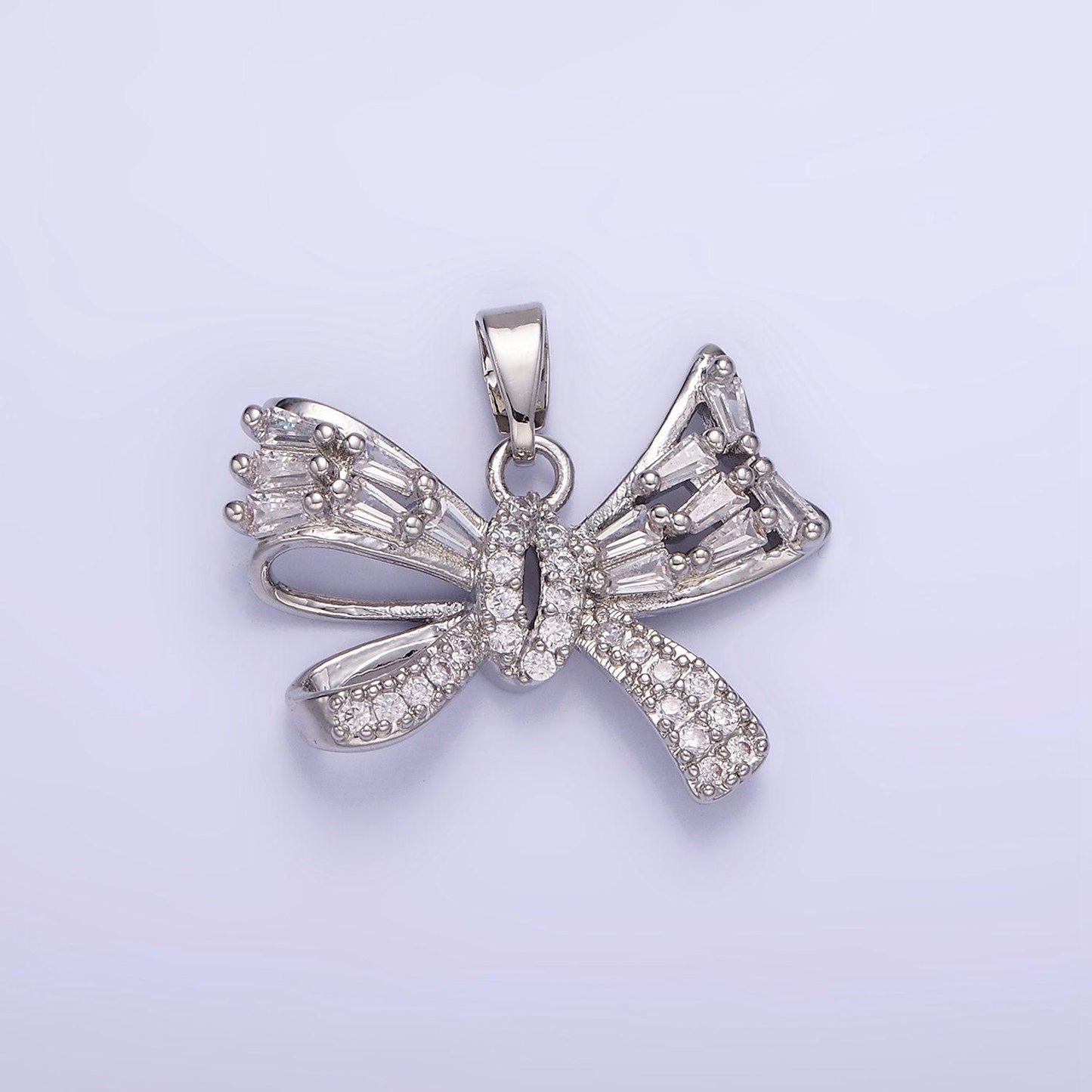 14k gold filled micro paved cz baguette ribbon bow pendant in gold & silver | aa-1156