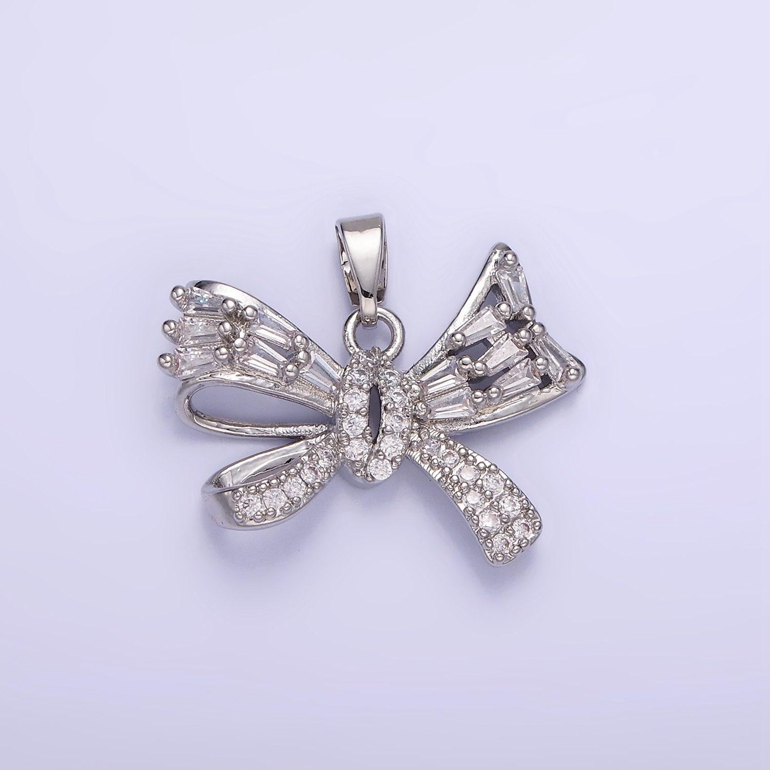 14k gold filled micro paved cz baguette ribbon bow pendant in gold & silver | aa-1156