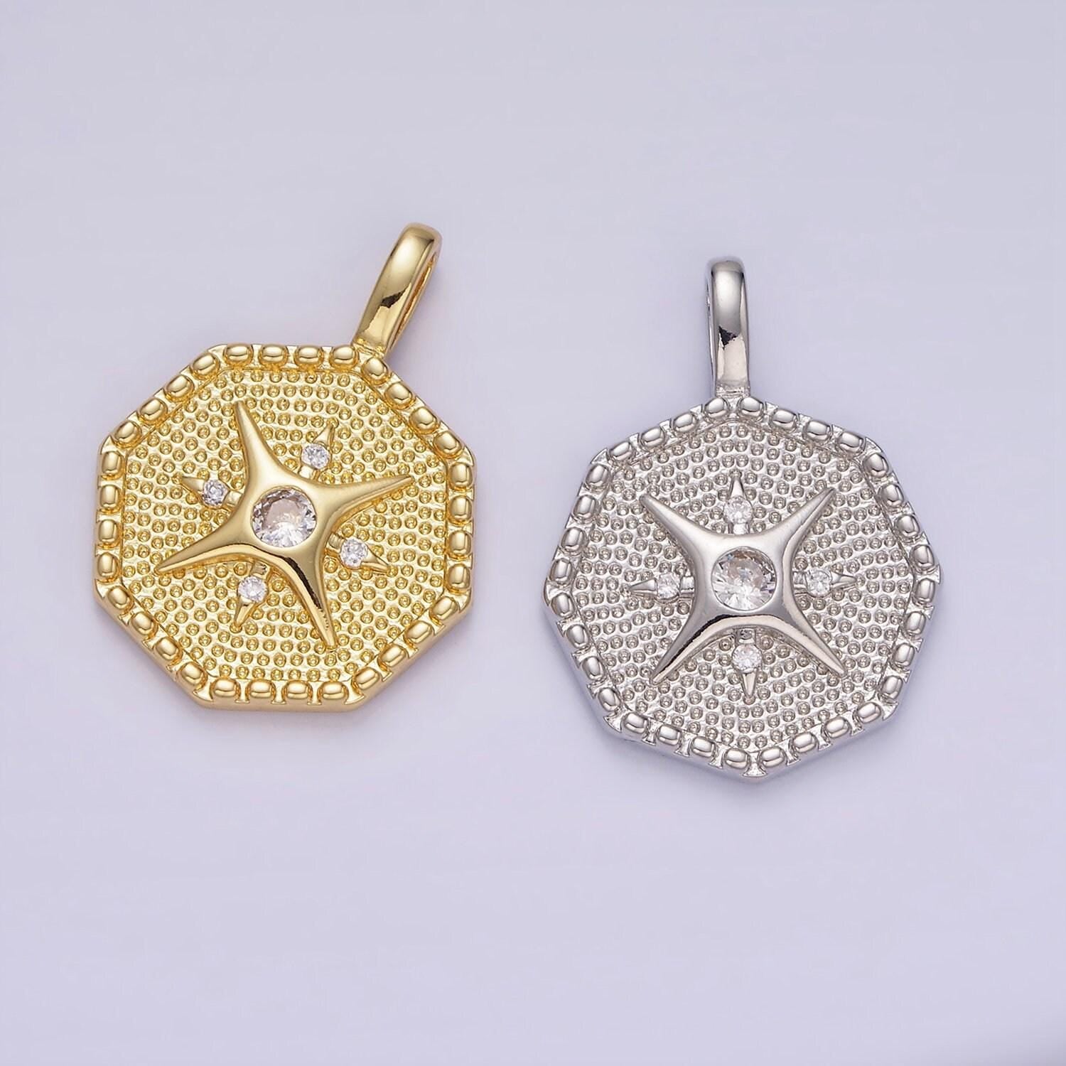 14k gold filled 25mm compass cz dotted hexagonal pendant in gold & silver | aa1151
