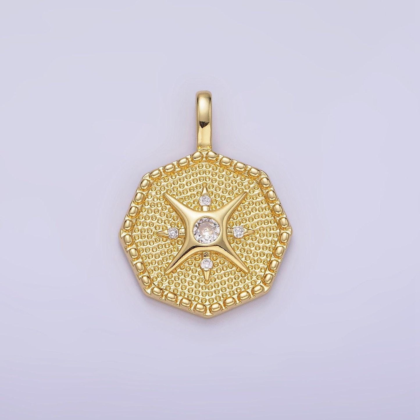 14k gold filled 25mm compass cz dotted hexagonal pendant in gold & silver | aa1151