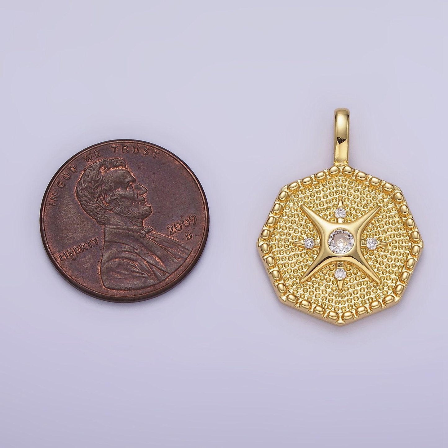 14k gold filled 25mm compass cz dotted hexagonal pendant in gold & silver | aa1151