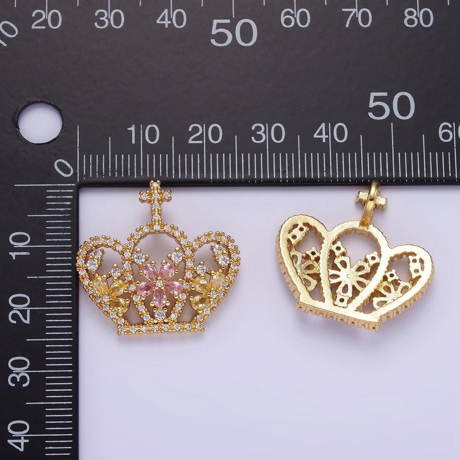 14k gold filled prince royal crown charm micro pave cubic zirconia cz stones pendant, royalty vintage crown design charm aa1134