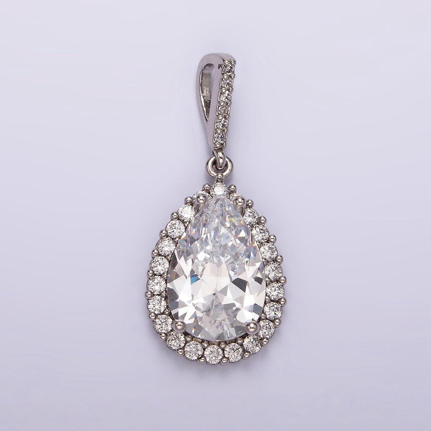White gold filled clear cz lined teardrop micro paved pendant silver geometric charm for minimalist jewelry wedding jewelry | aa1124