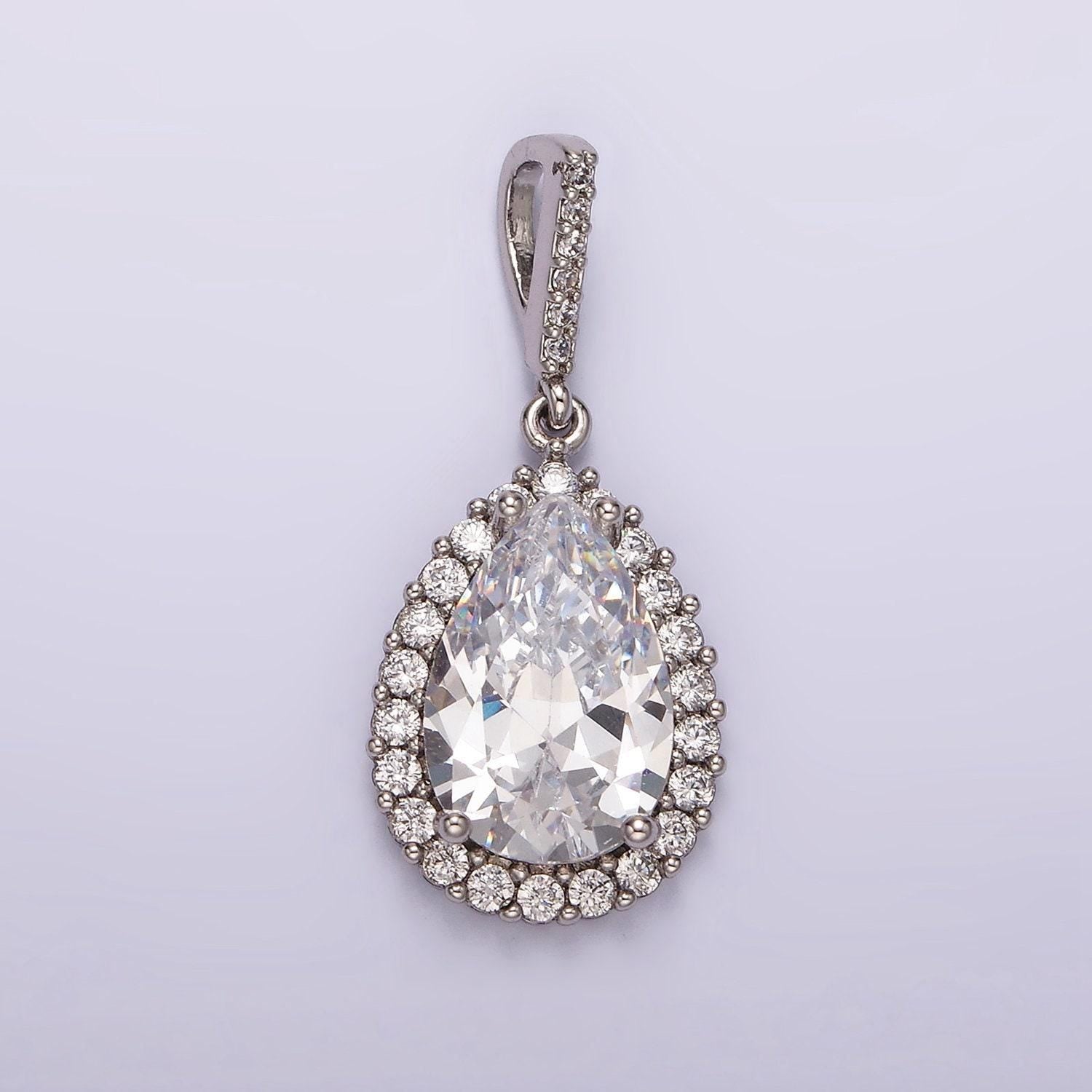 White gold filled clear cz lined teardrop micro paved pendant silver geometric charm for minimalist jewelry wedding jewelry | aa1124