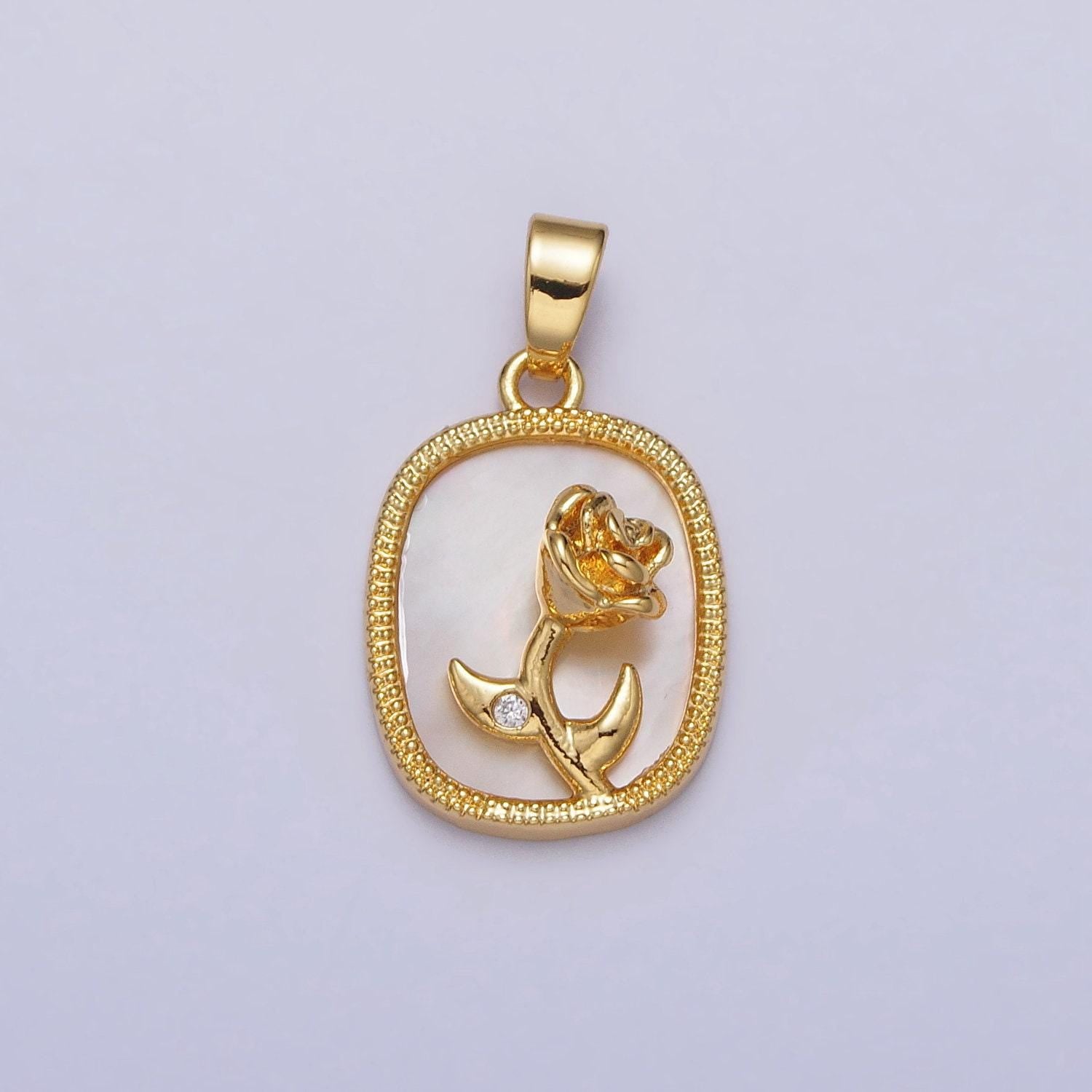 Dainty 24k gold filled rose flower cz shell pearl square pendant gold tag pearl charm | aa110