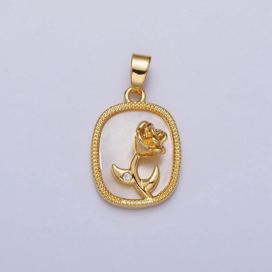 Dainty 24k gold filled rose flower cz shell pearl square pendant gold tag pearl charm | aa110