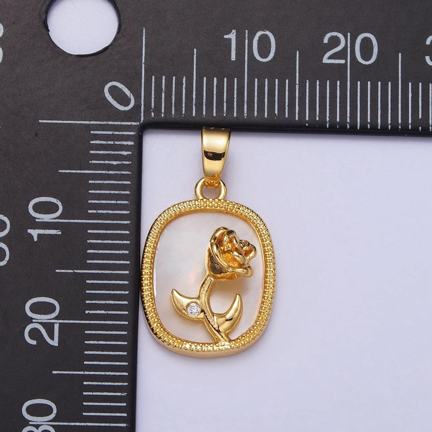 Dainty 24k gold filled rose flower cz shell pearl square pendant gold tag pearl charm | aa110