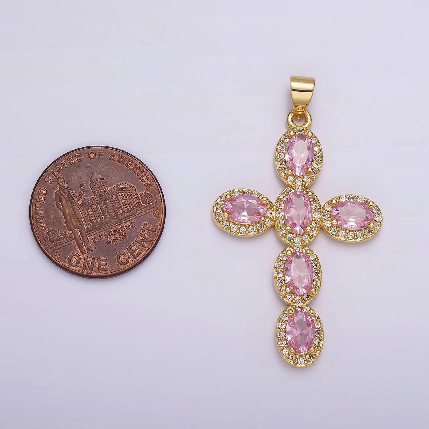 14k gold filled pink green cz cross pendant for christmas necklace jewelry making supply religious charm | aa1095