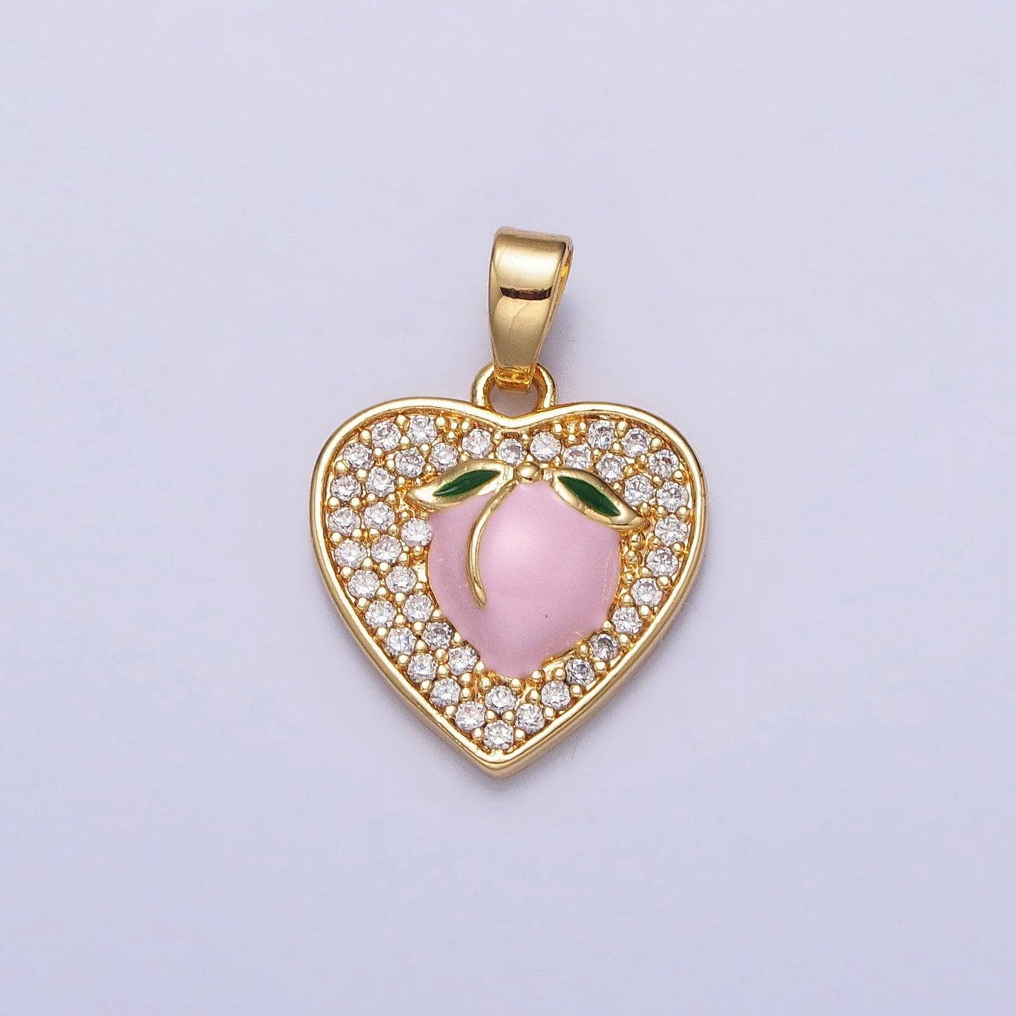 24k gold filled pink enamel peach fruit clear micro paved heart pendant | aa107