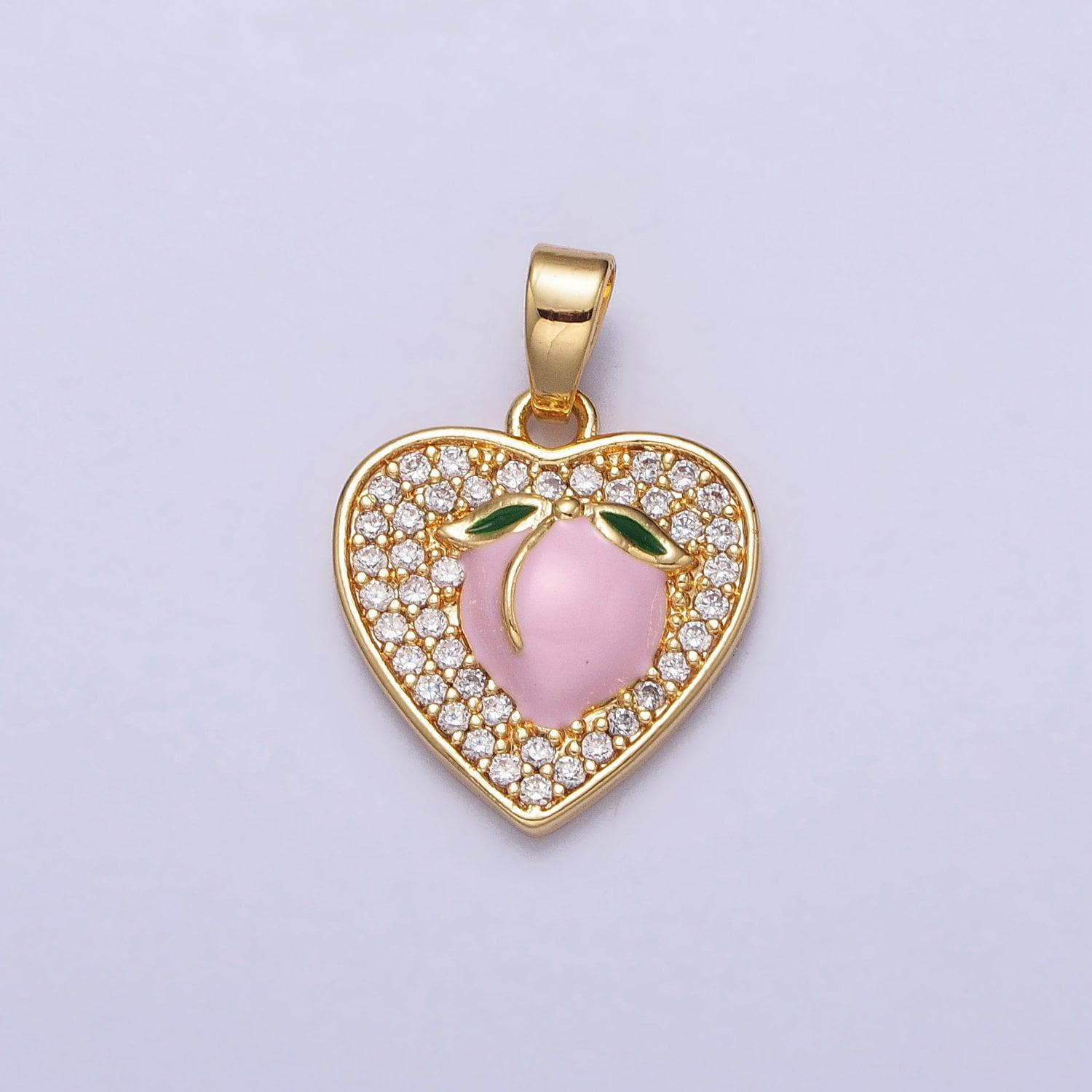 24k gold filled pink enamel peach fruit clear micro paved heart pendant | aa107