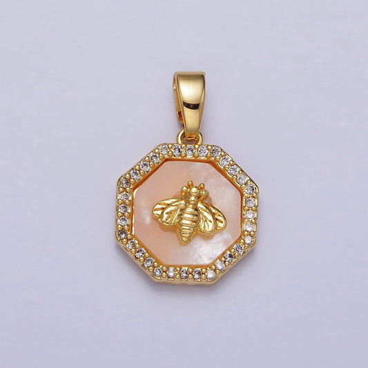 Gold bee charm pink shell pearl octagon pendant geometric animal insect jewelry | aa106