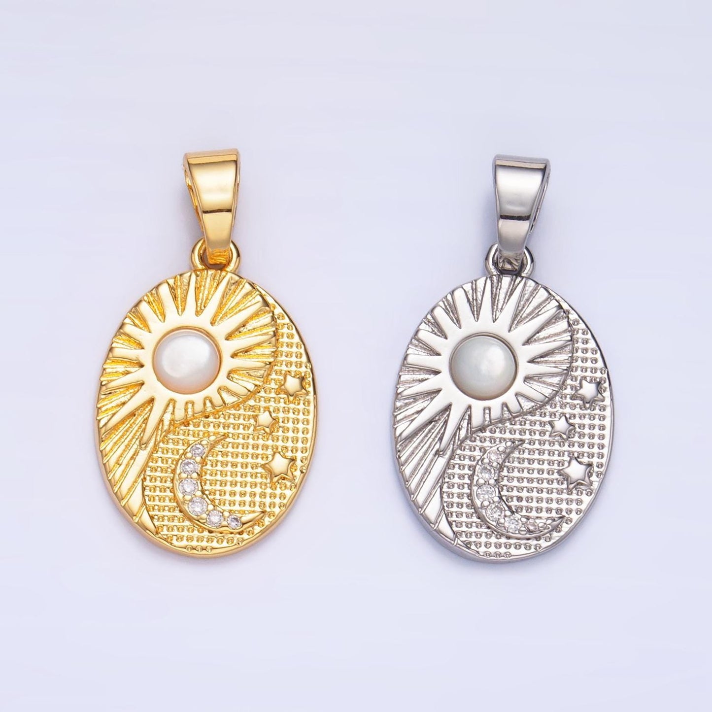 Gold oval medallion charm sun moon stars pearl day night celestial pendant, diy fashion jewelry making charm supply | aa1021