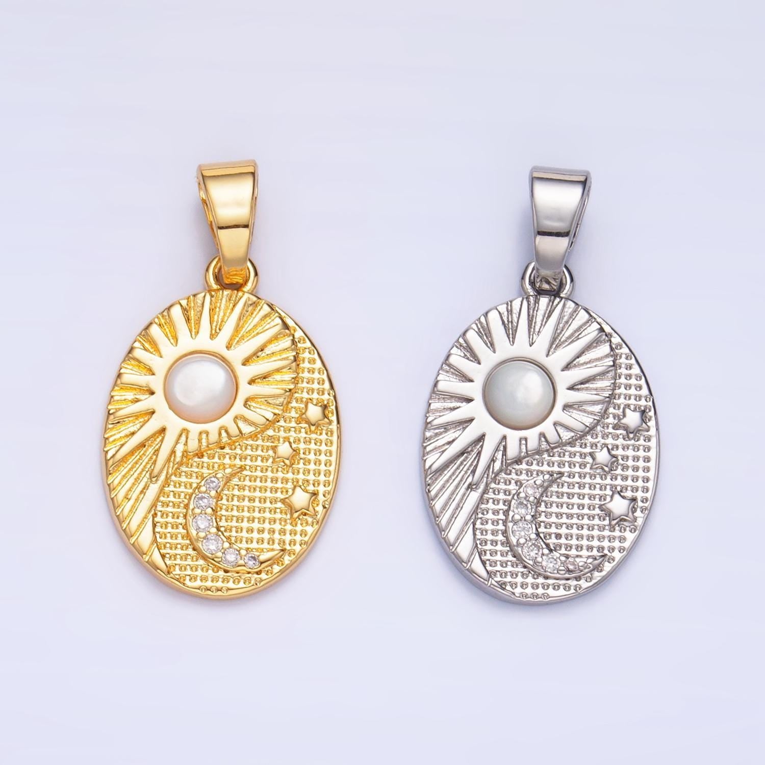 Gold oval medallion charm sun moon stars pearl day night celestial pendant, diy fashion jewelry making charm supply | aa1021