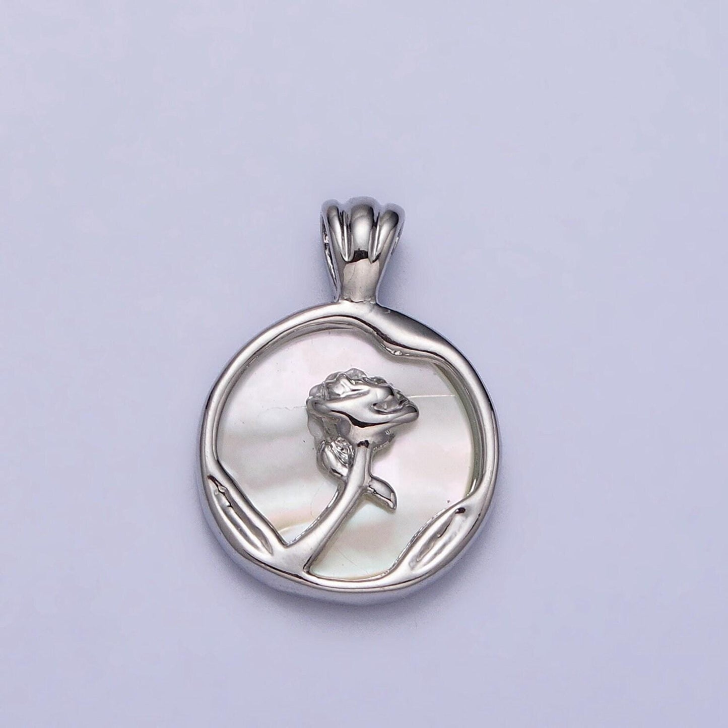 Dainty gold rose flower shell pearl coin pendant gold medallion charm | aa095