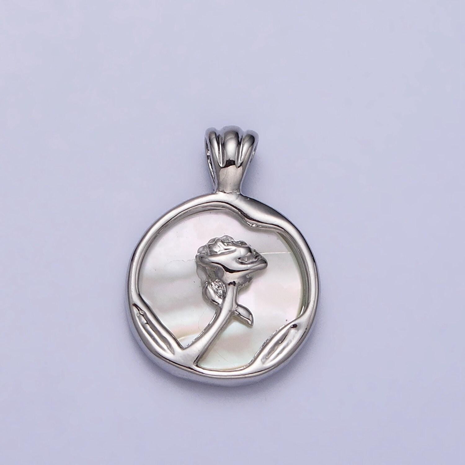 Dainty gold rose flower shell pearl coin pendant gold medallion charm | aa095
