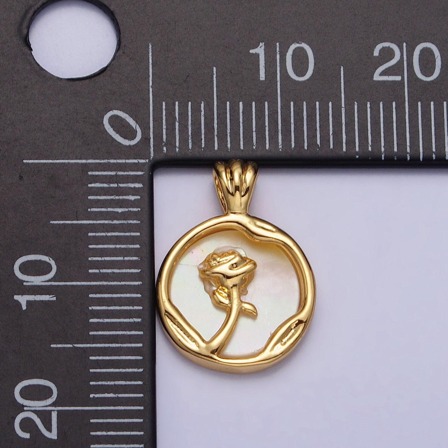 Dainty gold rose flower shell pearl coin pendant gold medallion charm | aa095