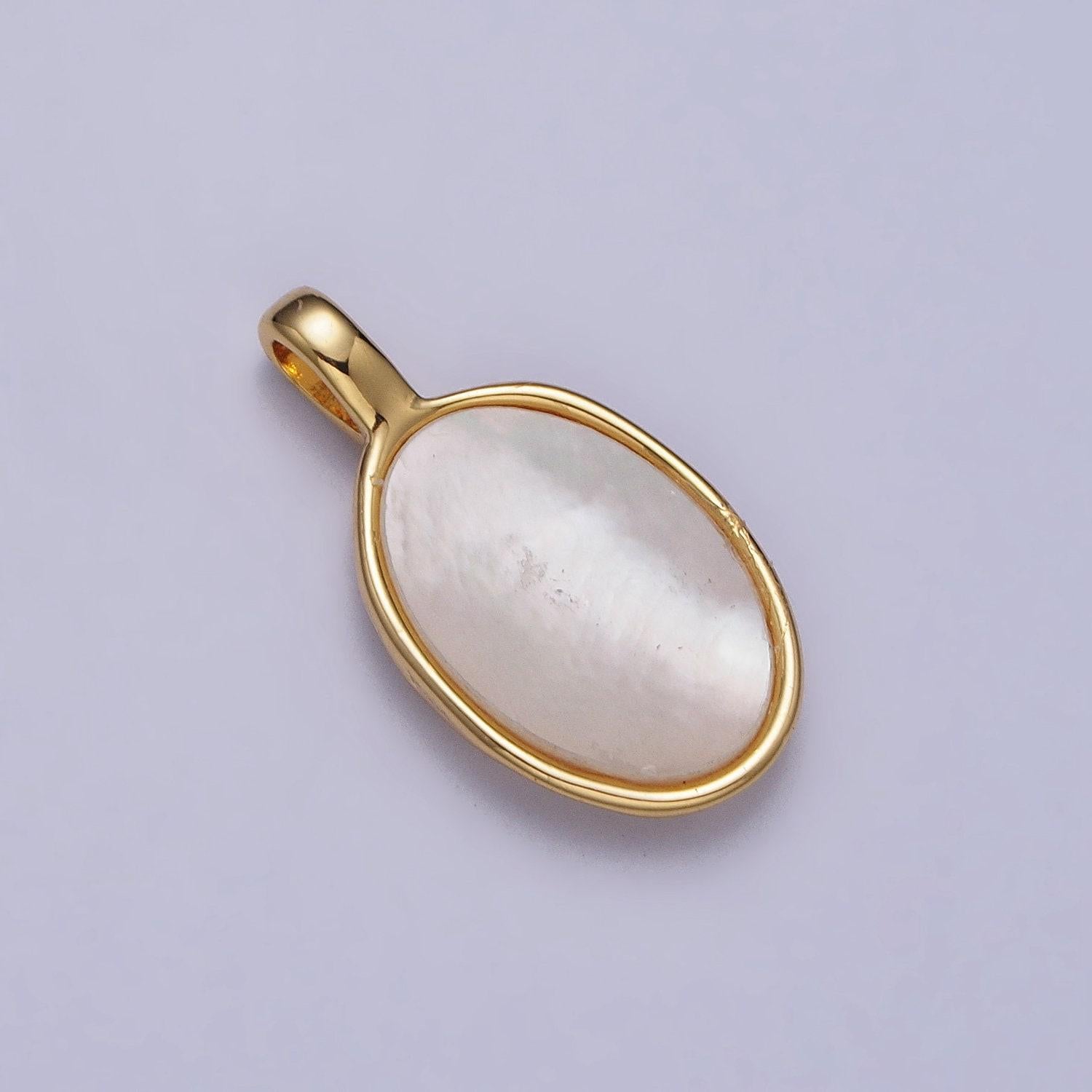 Abstract oval shell pearl hammered framed pendant in gold & silver | aa093 aa094