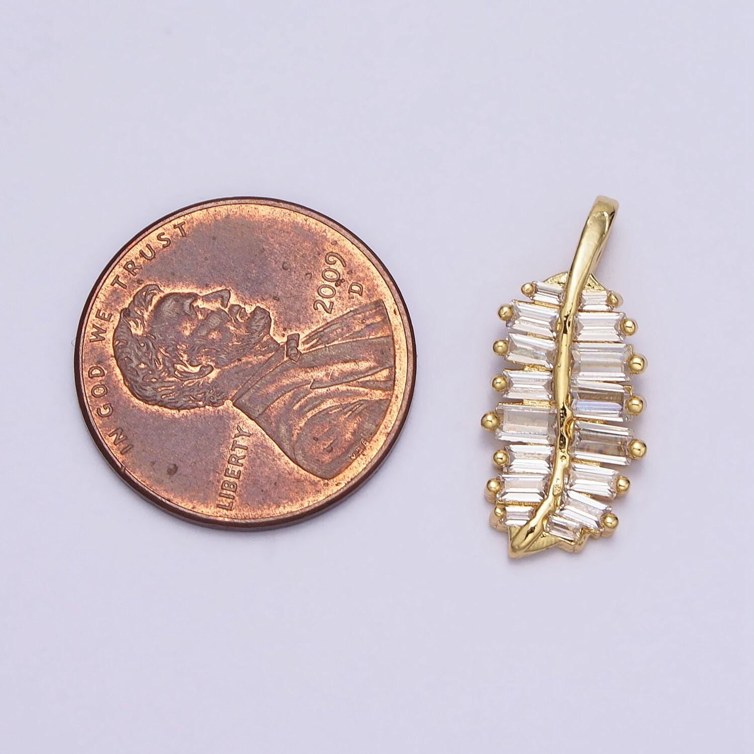 Mini feather charms, baguette feather charms, gold cz leaf feather for necklace bracelet component aa-087