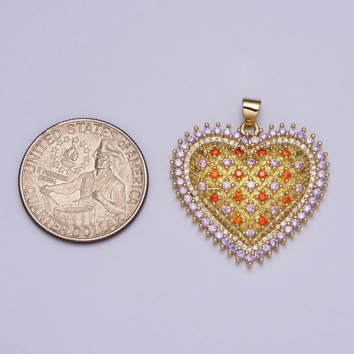 Gold micro pave heart charm big colorful heart pendant for necklace statement jewelry making, aa079