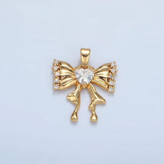 Heart cz on molten ribbon bow 24k gold filled bow pendant | aa-073