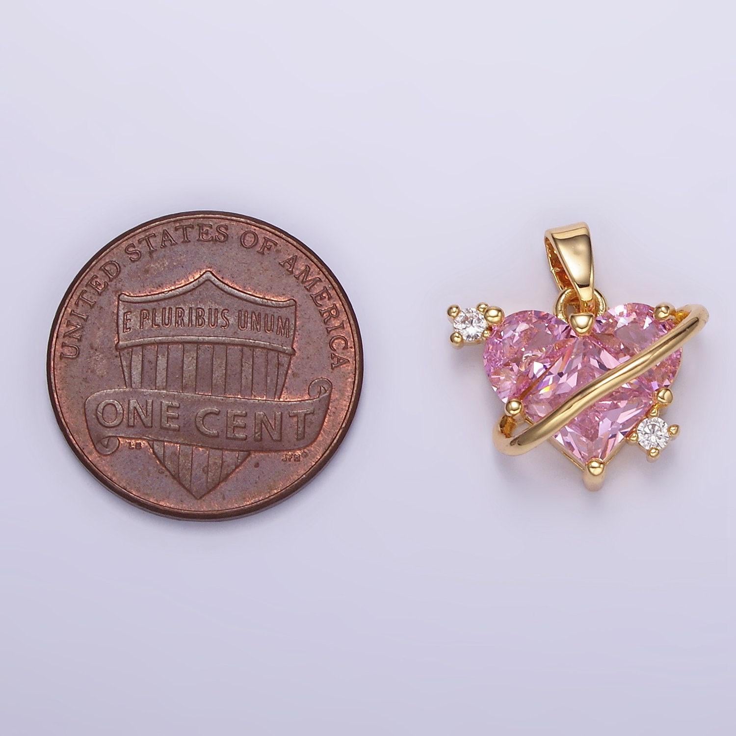 14k gold filled mini pink heart cz stone pendant, add on heart charm crystal cz stone for necklace bracelet supply | aa060