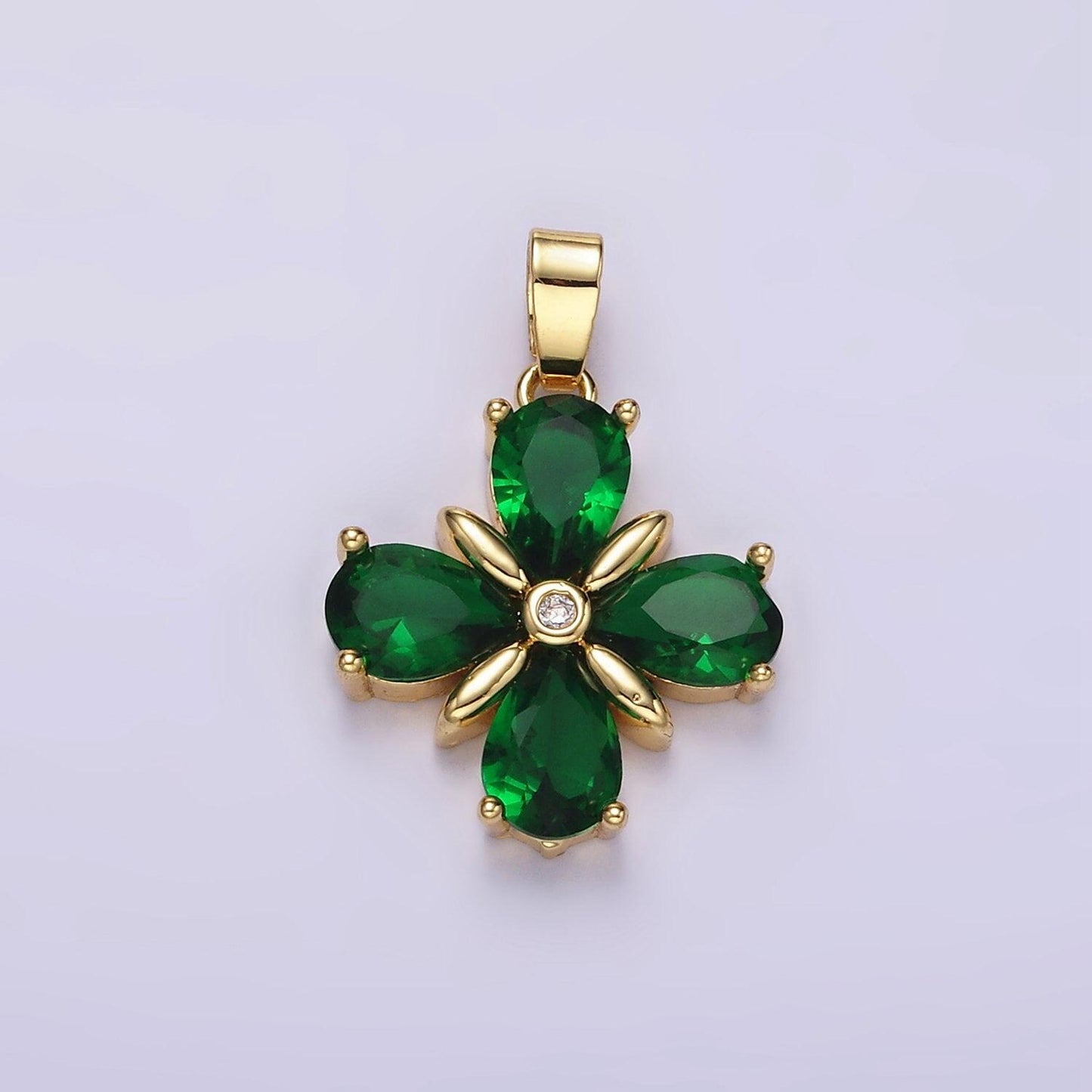 Gold cz dark green flower pendant, 14k gold filled floral green charm pendant jewelry making supply | aa059