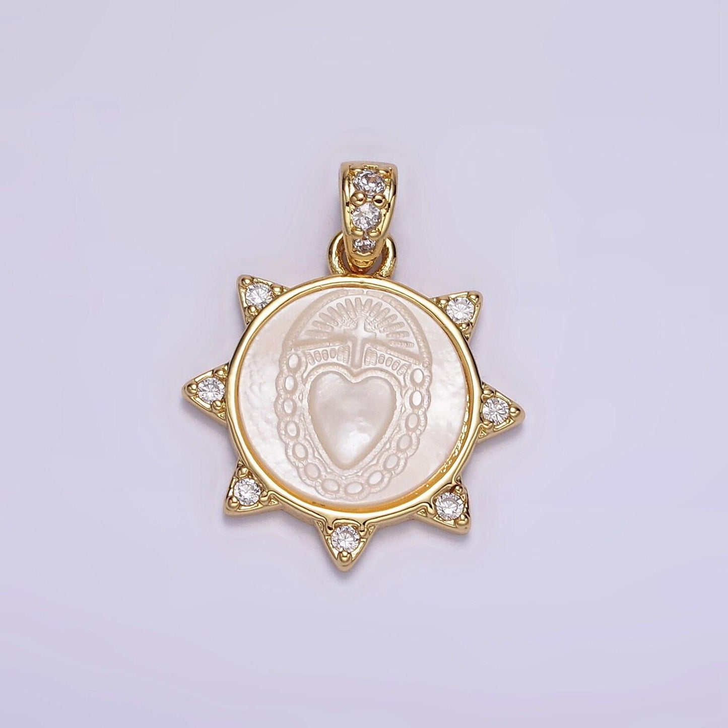 Gold filled sacred heart pendant pearl religious medallion charm necklace clear cubic micro pave cz for religious jewelry making supply aa56