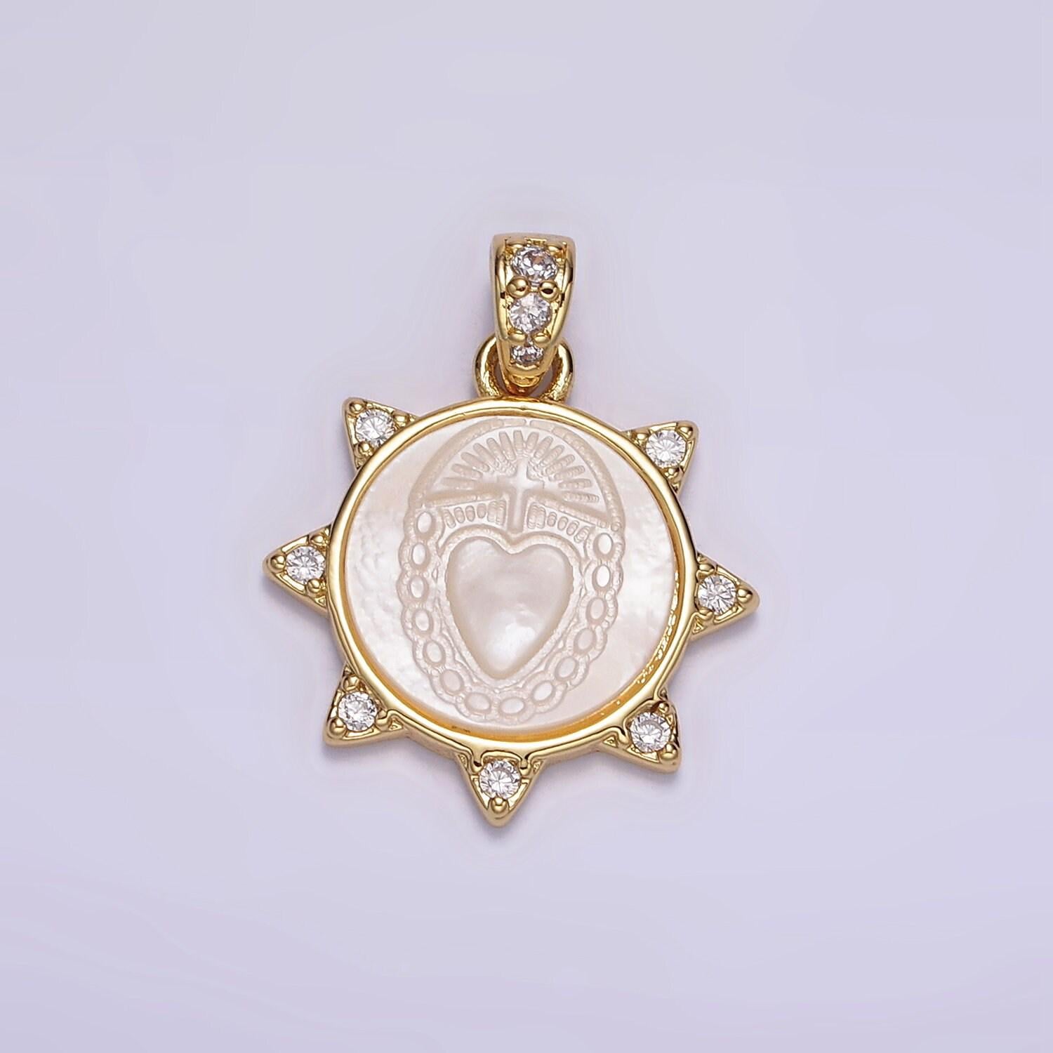 Gold filled sacred heart pendant pearl religious medallion charm necklace clear cubic micro pave cz for religious jewelry making supply aa56