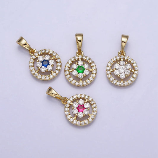 Green, blue, pink, clear round disc charm, 14k gold filled cz micro pave disc pendant, cubic zirconia, small disc pendant 19.6x11.2mm aa042