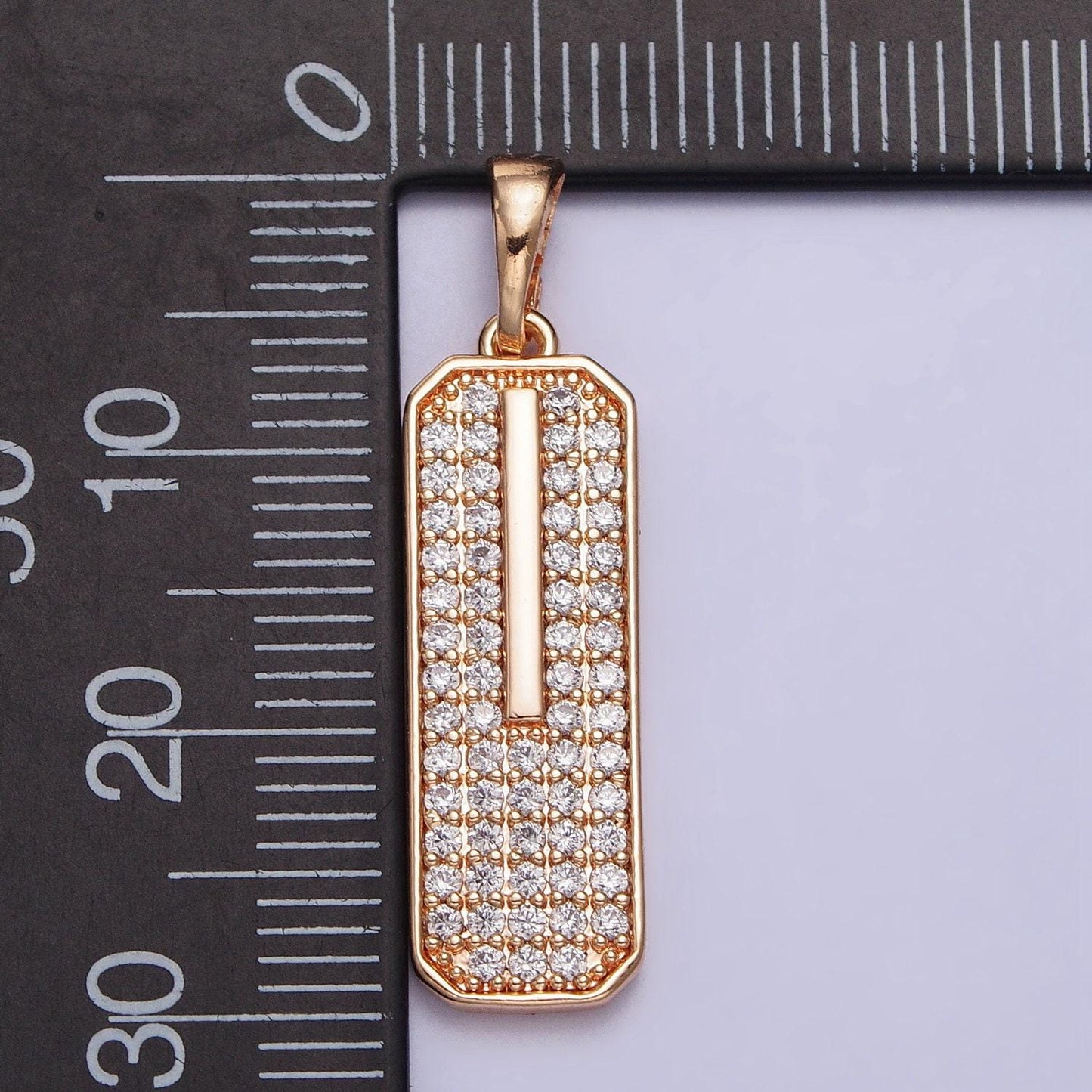 18k gold filled clear micro paved cz 30.7x8mm rectangular tag pendant | aa028