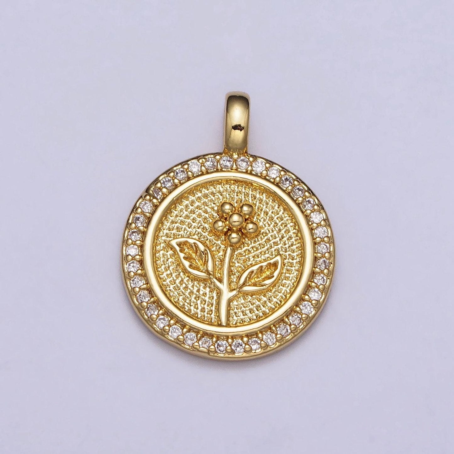 Gold flower charms medallion flower pendants, gold round flower charm cubic zirconia coin charm aa026