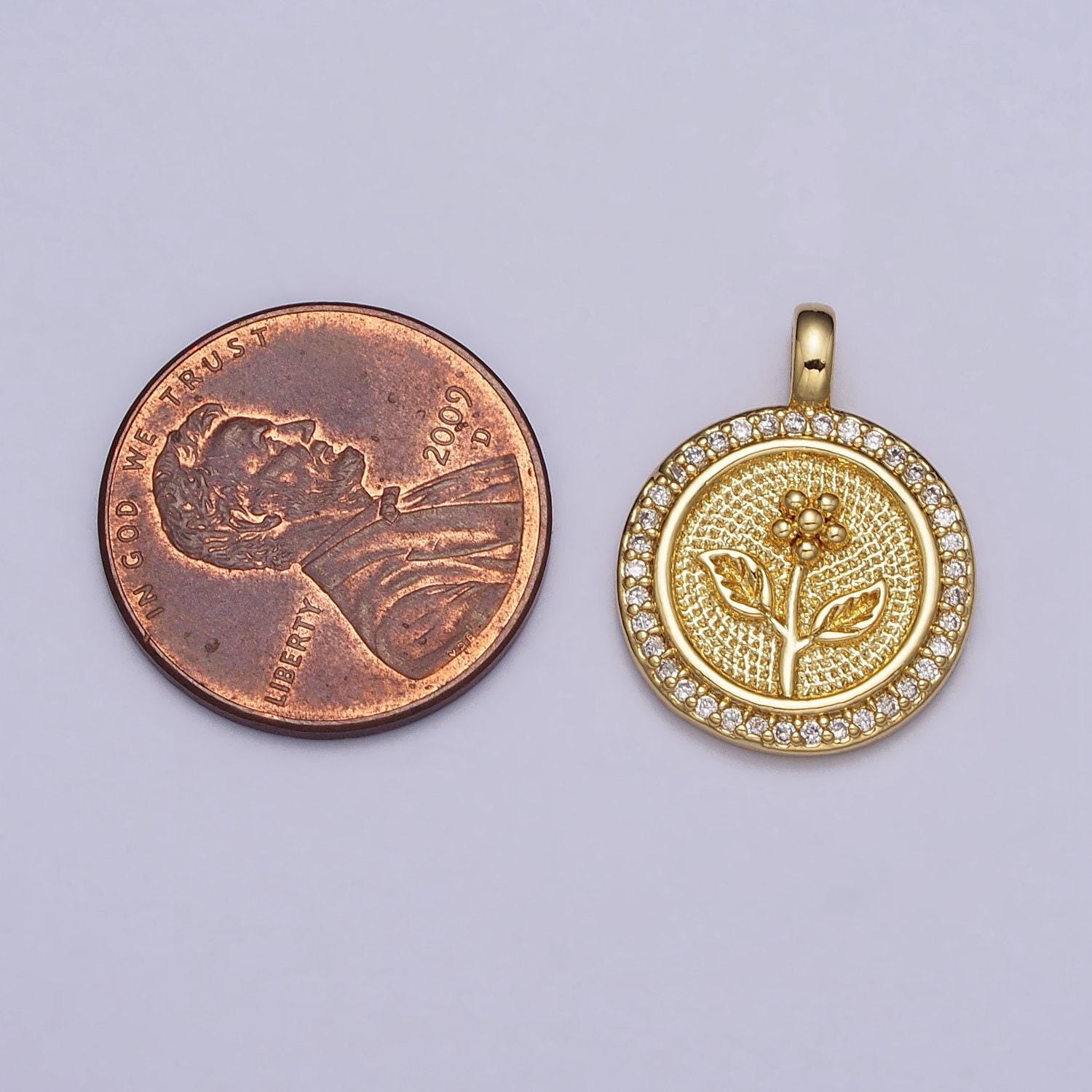 Gold flower charms medallion flower pendants, gold round flower charm cubic zirconia coin charm aa026