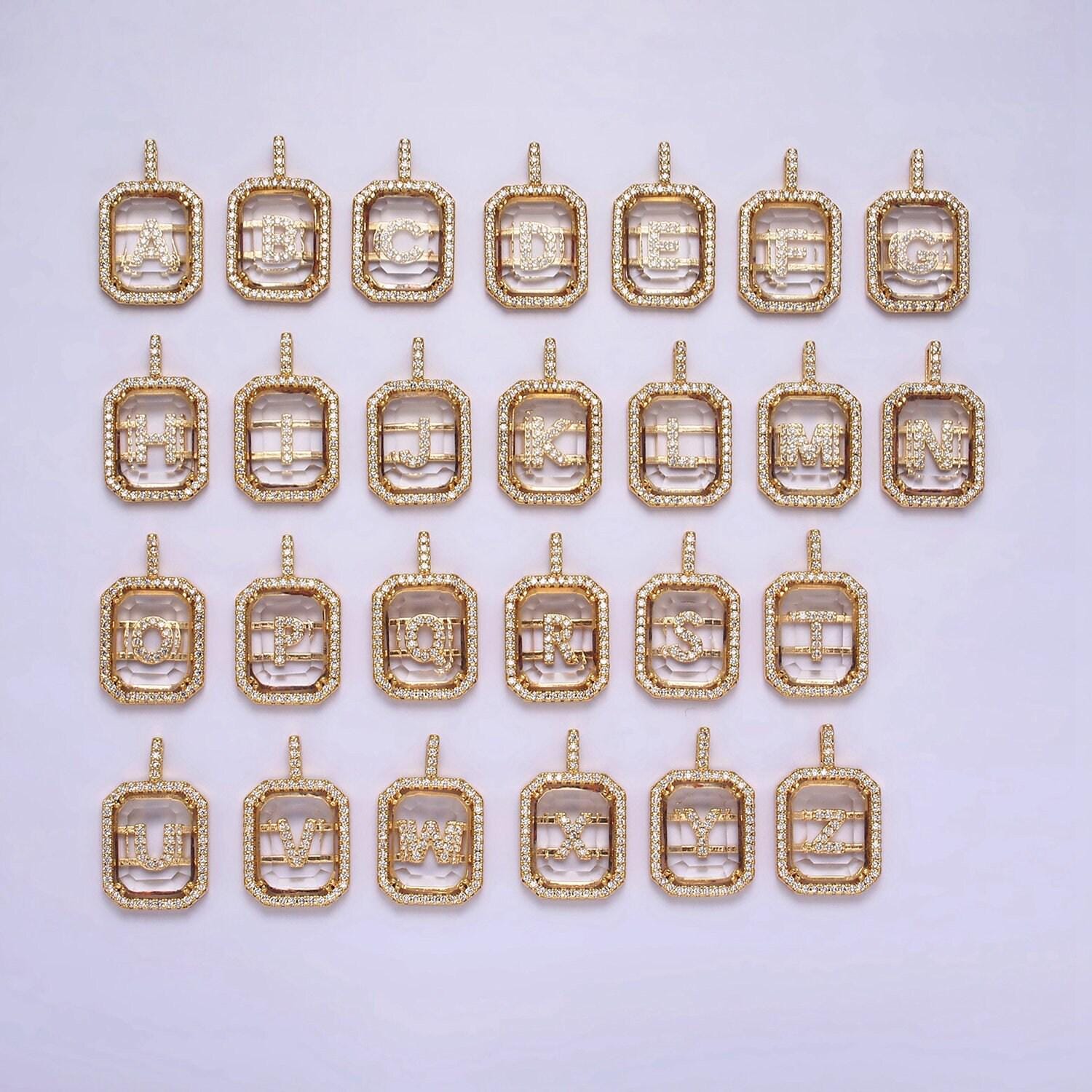 16k gold filled initial tag letter charm alphabet letter clear glass micro pave tile charm pendant for personalized necklace jewelry making