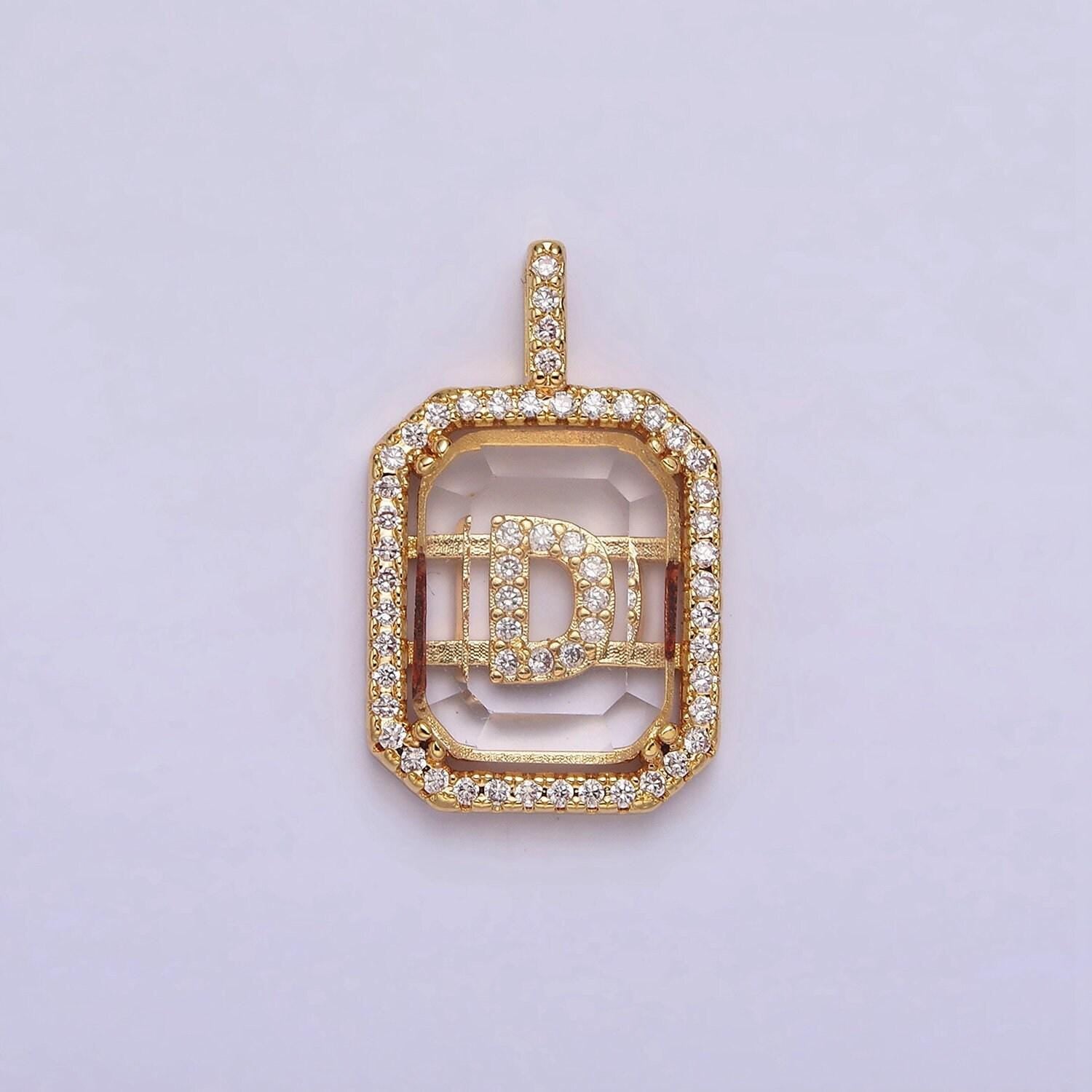 16k gold filled initial tag letter charm alphabet letter clear glass micro pave tile charm pendant for personalized necklace jewelry making