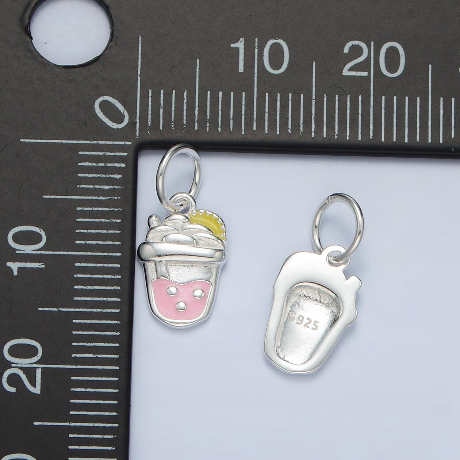 Sterling silver bubble boba drink pink enamel charm strawberry milk tea inspired asian kawaii charm | sl504