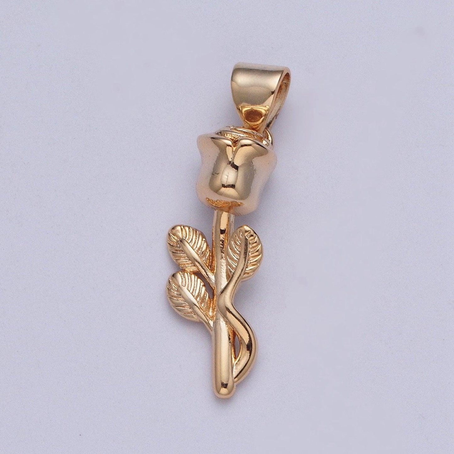 16k gold plated rose pendant w. stem and tangled vines micro pave cz pendant, dainty stem leaves floral flower gold rose charm | x-398
